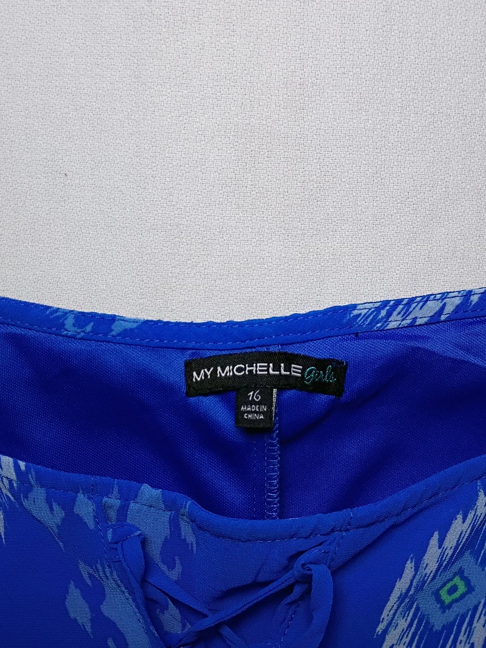 My Michelle Girls A Line Shift Dress Size 16 Blue Geometric Pattern Pom Trim